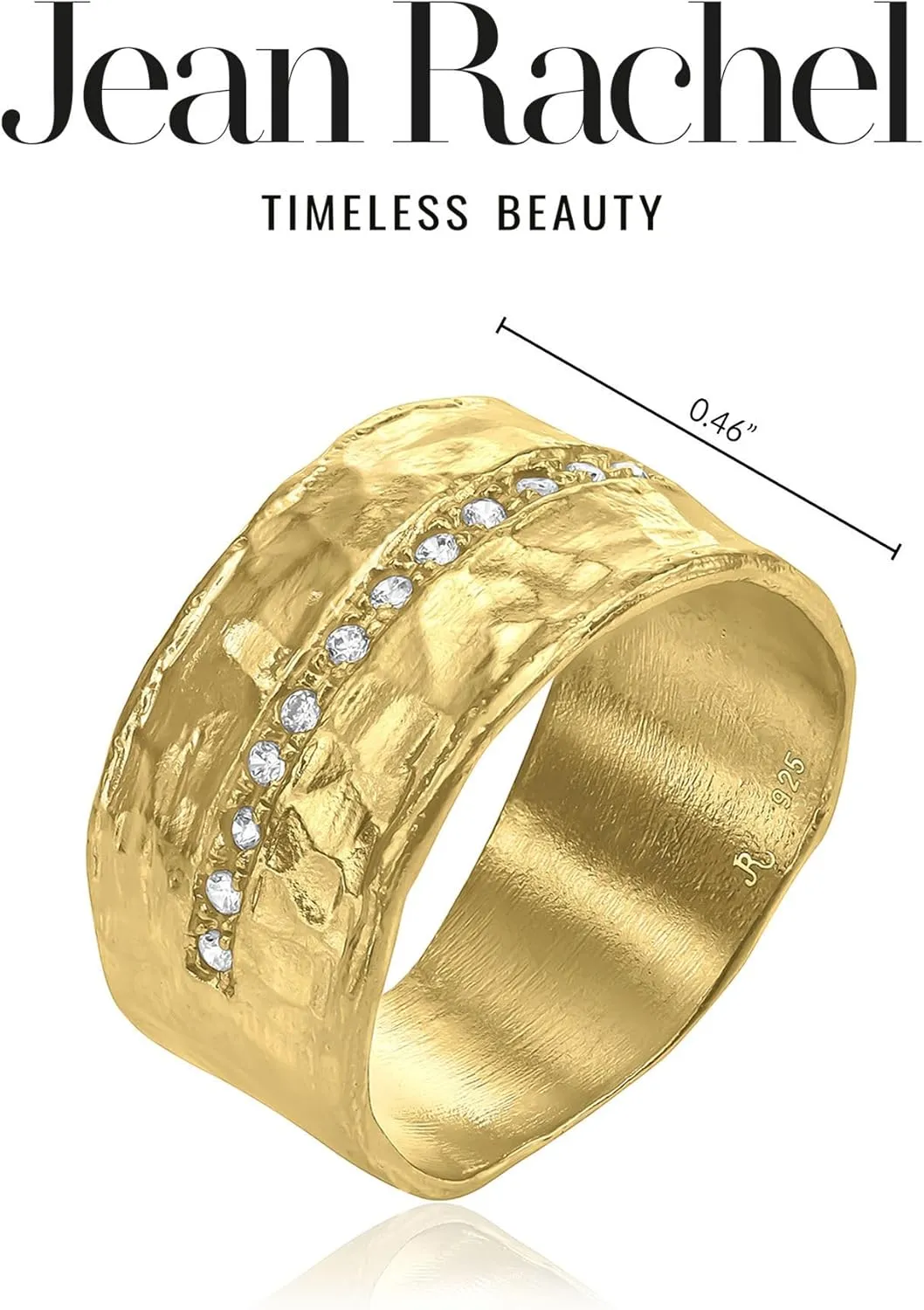 Jean Rachel Jewelry 14K Gold Plated Sterling Silver Ring with 0.13 TCW Cubic Zirconia - Vintage Design Half Eternity Band Hammered Statement Rings for Women - Hypoallergenic,Lead & Nickel Free Jewelry