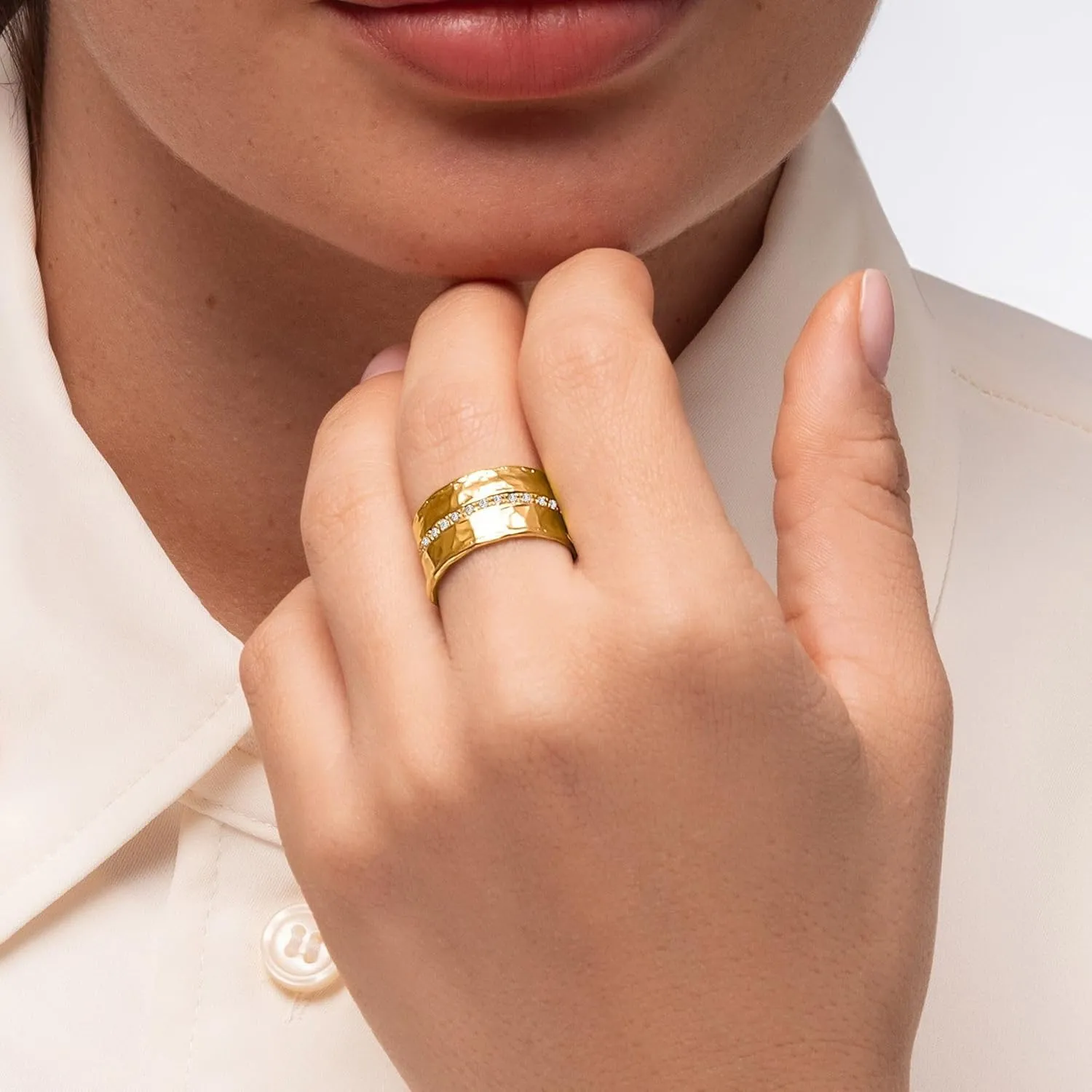 Jean Rachel Jewelry 14K Gold Plated Sterling Silver Ring with 0.13 TCW Cubic Zirconia - Vintage Design Half Eternity Band Hammered Statement Rings for Women - Hypoallergenic,Lead & Nickel Free Jewelry