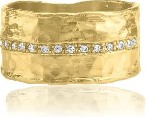 Jean Rachel Jewelry 14K Gold Plated Sterling Silver Ring with 0.13 TCW Cubic Zirconia - Vintage Design Half Eternity Band Hammered Statement Rings for Women - Hypoallergenic,Lead & Nickel Free Jewelry