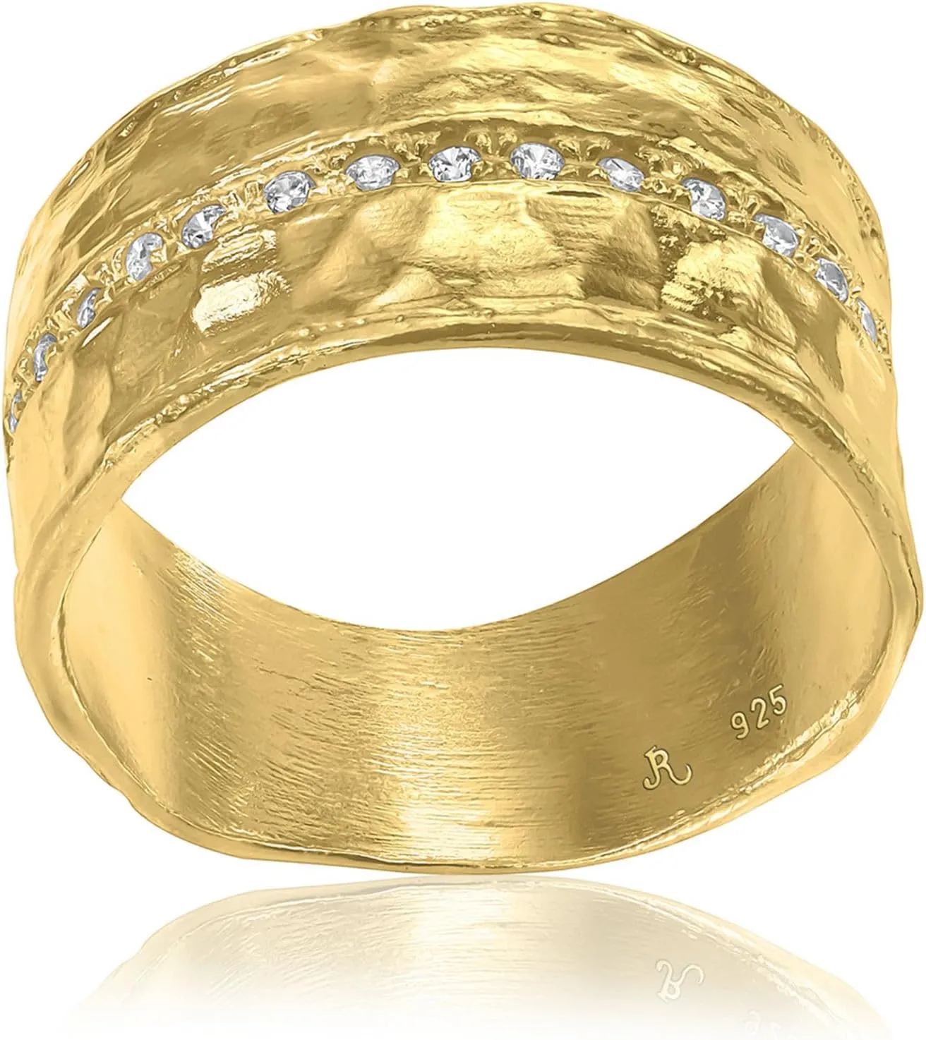 Jean Rachel Jewelry 14K Gold Plated Sterling Silver Ring with 0.13 TCW Cubic Zirconia - Vintage Design Half Eternity Band Hammered Statement Rings for Women - Hypoallergenic,Lead & Nickel Free Jewelry
