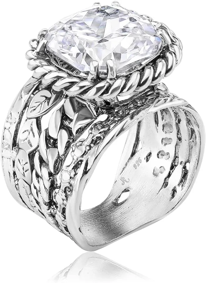 JEAN RACHEL JEWELRY 925 Sterling Silver Ring - Braid & Leaf Vintage Design with Cushion Cubic Zirconia - Hypoallergenic, Lead & Nickel Free - Artisan Handcrafted Statement Rings for Women, White