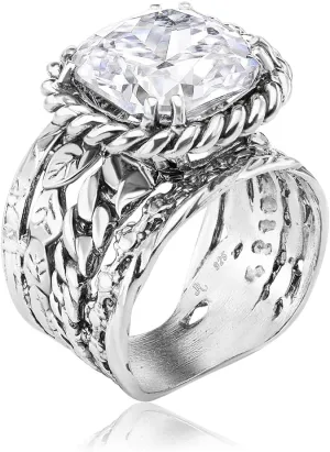JEAN RACHEL JEWELRY 925 Sterling Silver Ring - Braid & Leaf Vintage Design with Cushion Cubic Zirconia - Hypoallergenic, Lead & Nickel Free - Artisan Handcrafted Statement Rings for Women, White