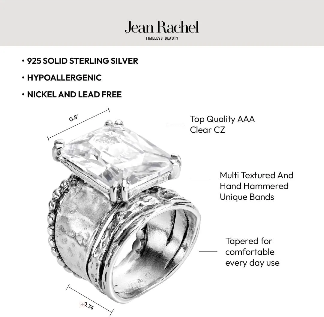 JEAN RACHEL JEWELRY 925 Sterling Silver Ring - Hammered Vintage Design with Octagon Shaped Cubic Zirconia - Hypoallergenic, Lead & Nickel Free - Artisan Handcrafted Statement Rings for Women