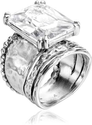 JEAN RACHEL JEWELRY 925 Sterling Silver Ring - Hammered Vintage Design with Octagon Shaped Cubic Zirconia - Hypoallergenic, Lead & Nickel Free - Artisan Handcrafted Statement Rings for Women