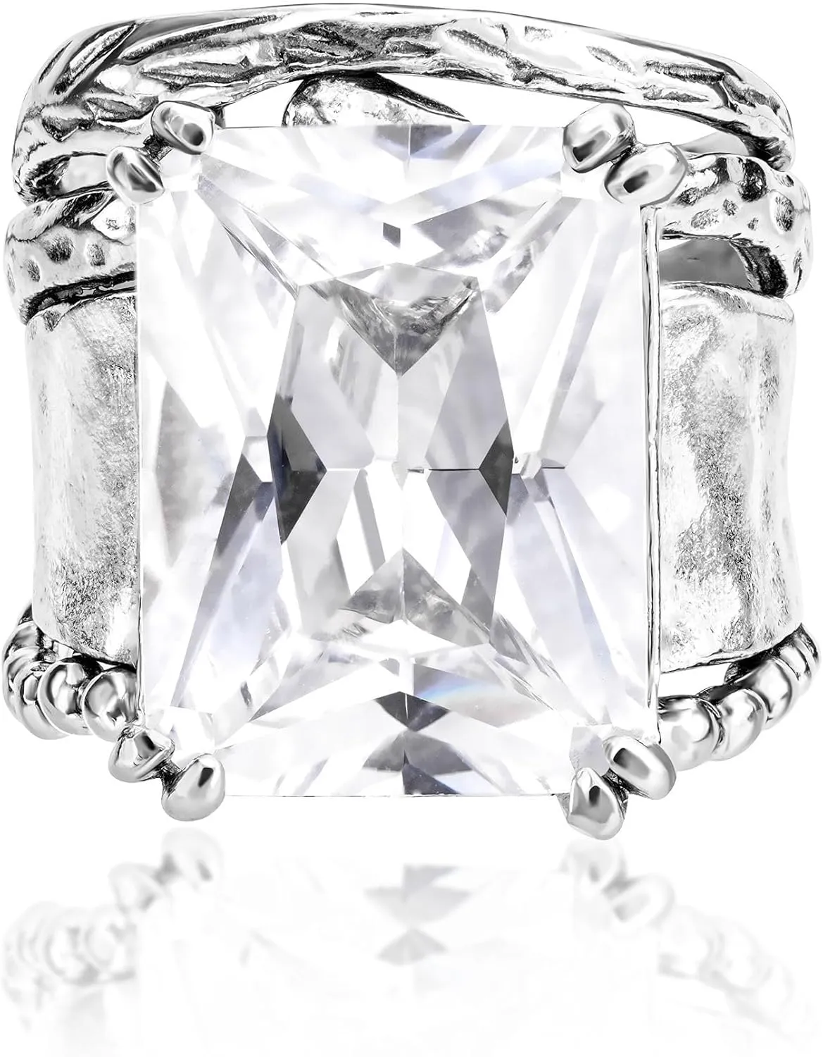 JEAN RACHEL JEWELRY 925 Sterling Silver Ring - Hammered Vintage Design with Octagon Shaped Cubic Zirconia - Hypoallergenic, Lead & Nickel Free - Artisan Handcrafted Statement Rings for Women