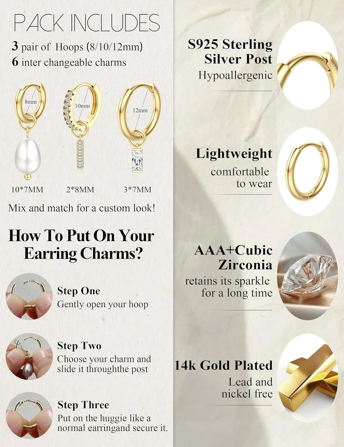 JeryWe Gold Small Hoop Earrings for Women  Hypoallergenic 14K Gold Plated Hoop Cartilage Earring Stacks Gold with Dainty Dangle Charm Non Tarnish Huggie Hoops Earrings for Cartilage Tragus Piercing Jewelry