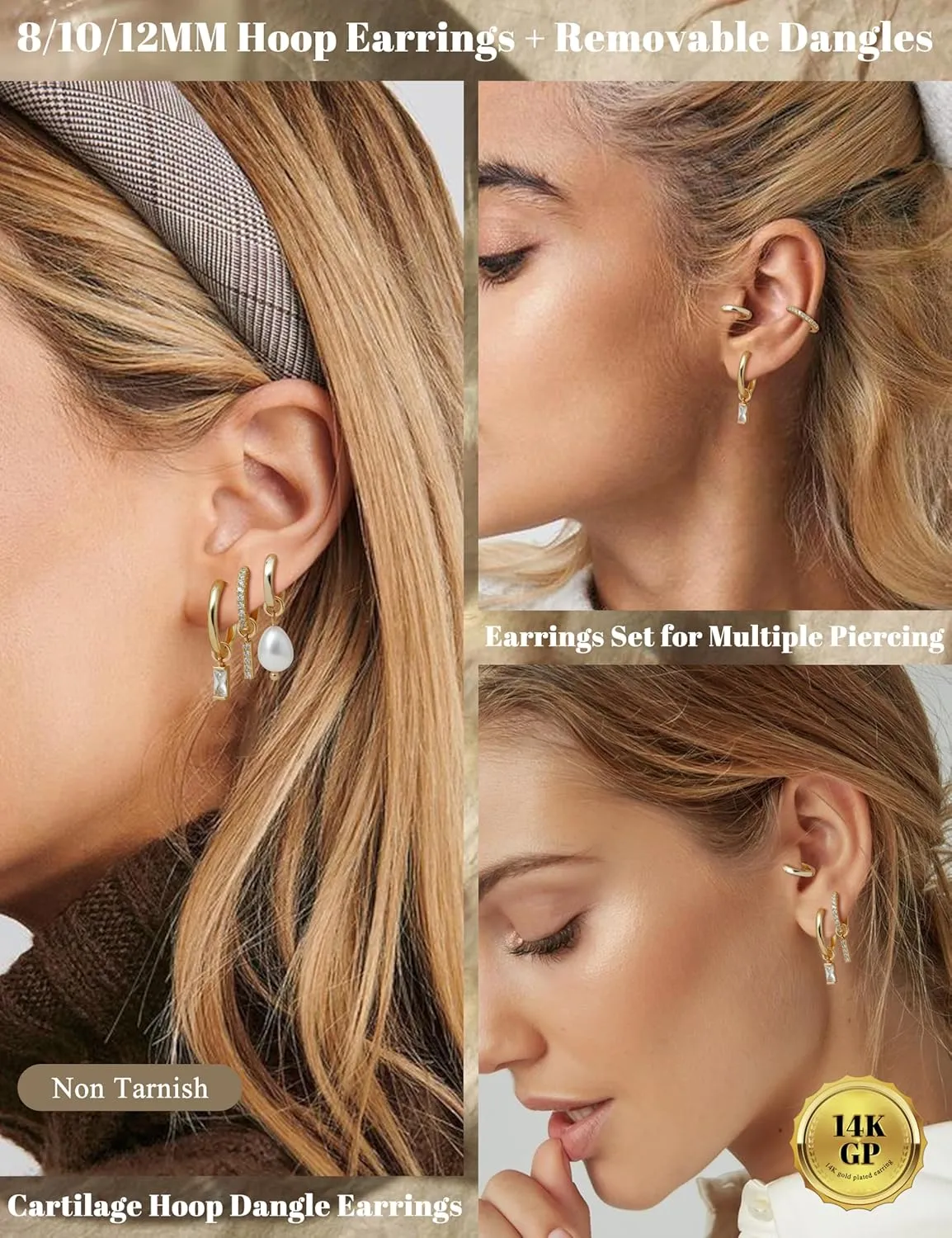 JeryWe Gold Small Hoop Earrings for Women  Hypoallergenic 14K Gold Plated Hoop Cartilage Earring Stacks Gold with Dainty Dangle Charm Non Tarnish Huggie Hoops Earrings for Cartilage Tragus Piercing Jewelry