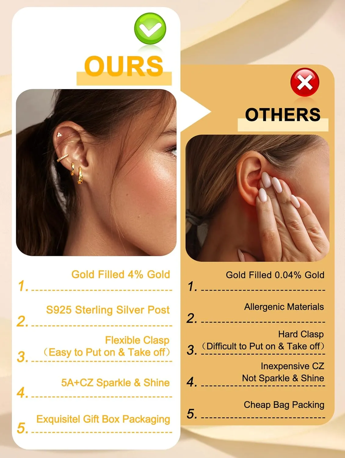 JeryWe Hypoallergenic Gold Hoop Earrings for Women S925 Sterling Silver Post Chunky Cartilage Earring Stacks Non Tarnish 14K Gold Filled Small Hoops Stud Set Jewelry