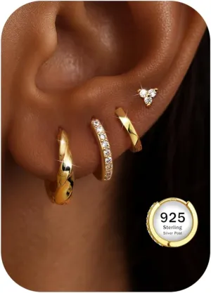 JeryWe Hypoallergenic Gold Hoop Earrings for Women S925 Sterling Silver Post Chunky Cartilage Earring Stacks Non Tarnish 14K Gold Filled Small Hoops Stud Set Jewelry