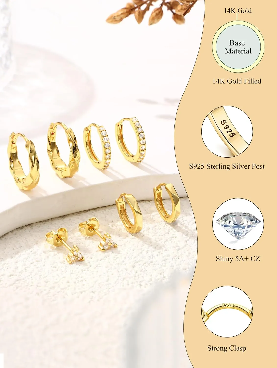 JeryWe Hypoallergenic Gold Hoop Earrings for Women S925 Sterling Silver Post Chunky Cartilage Earring Stacks Non Tarnish 14K Gold Filled Small Hoops Stud Set Jewelry