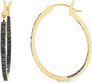 JEWEL ZONE Black Natural Diamond Accent Inside Out Hoop Earrings 14K Gold Over Sterling Silver, Gift For Her Hypoallergenic Jewelry for Sensitive Ears Large Big Hoop Earring