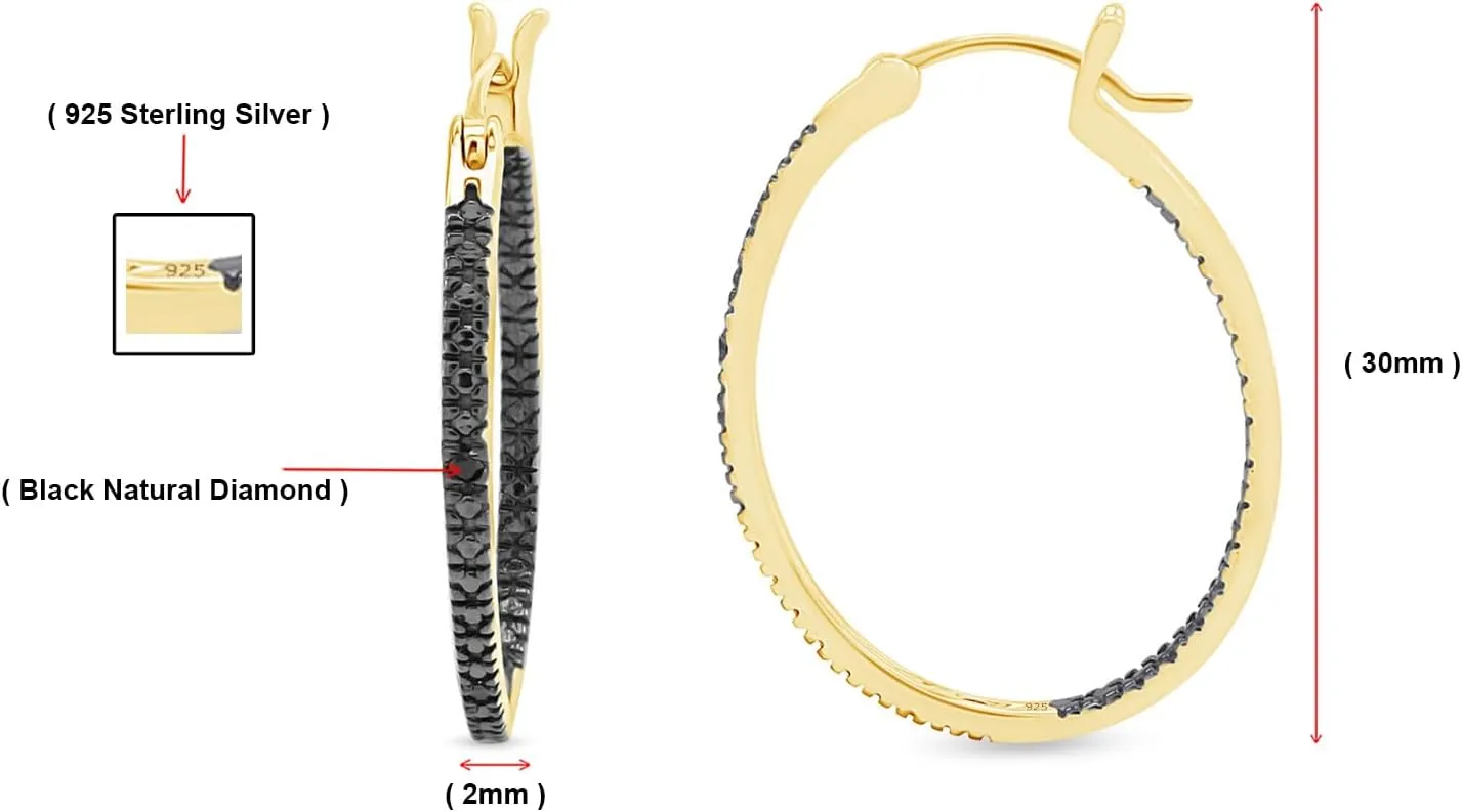 JEWEL ZONE Black Natural Diamond Accent Inside Out Hoop Earrings 14K Gold Over Sterling Silver, Gift For Her Hypoallergenic Jewelry for Sensitive Ears Large Big Hoop Earring