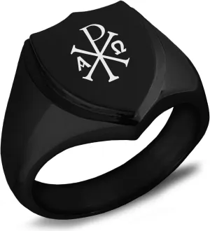 Jewelry | Black Plated Stainless Steel Symbol Initial Ring | Shield Biker Ring for Men & Women | Stainless Steel Jewelry, Chi Rho Alpha Omega, Size 9.5