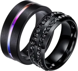 Jewelry for Women Black Ring Cubic Zirconia Matte Colorful Line, Black Zircon Round Stainless Steel Women Rings Tungsten Steel Mens Rings