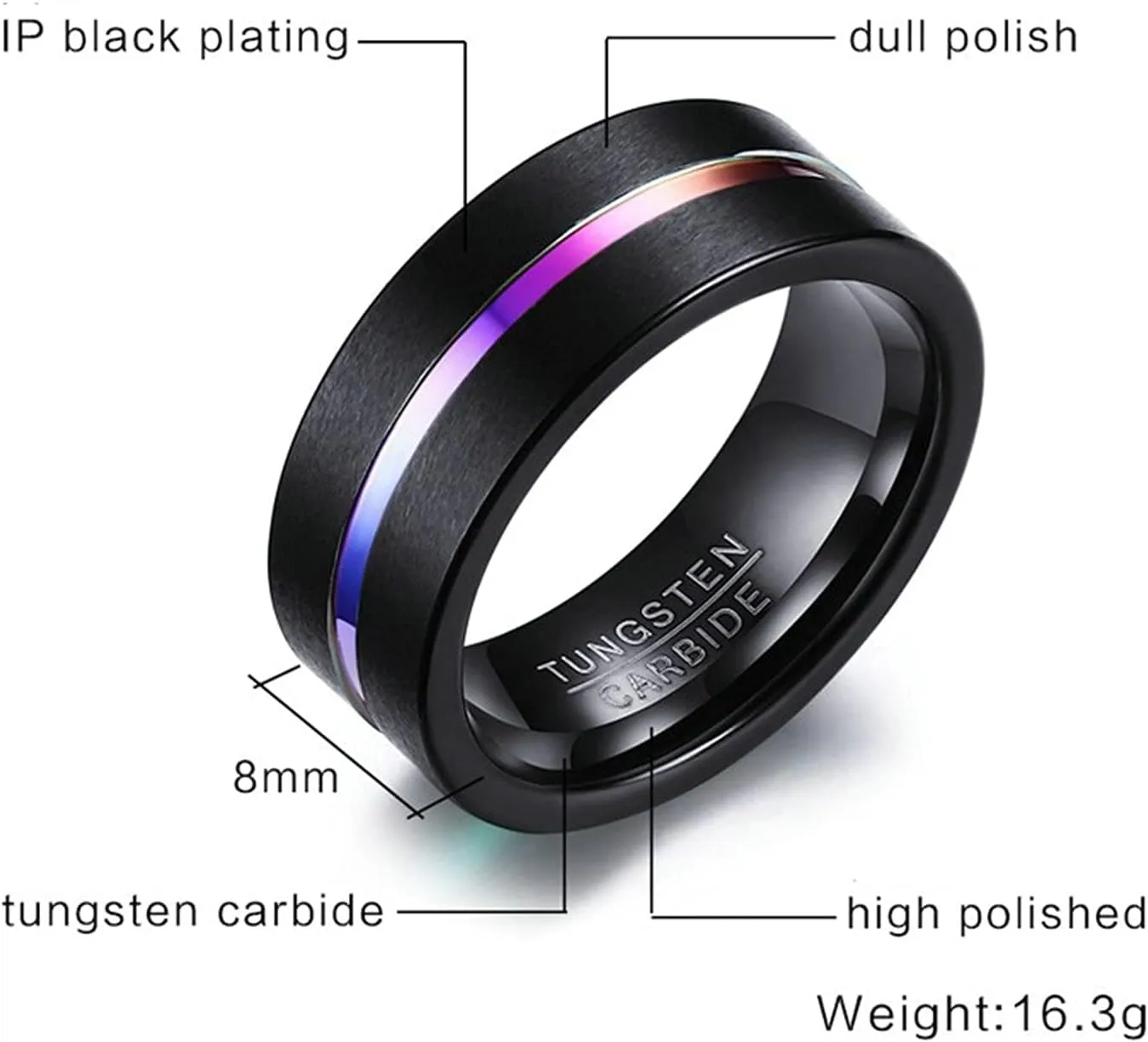 Jewelry for Women Black Ring Cubic Zirconia Matte Colorful Line, Black Zircon Round Stainless Steel Women Rings Tungsten Steel Mens Rings