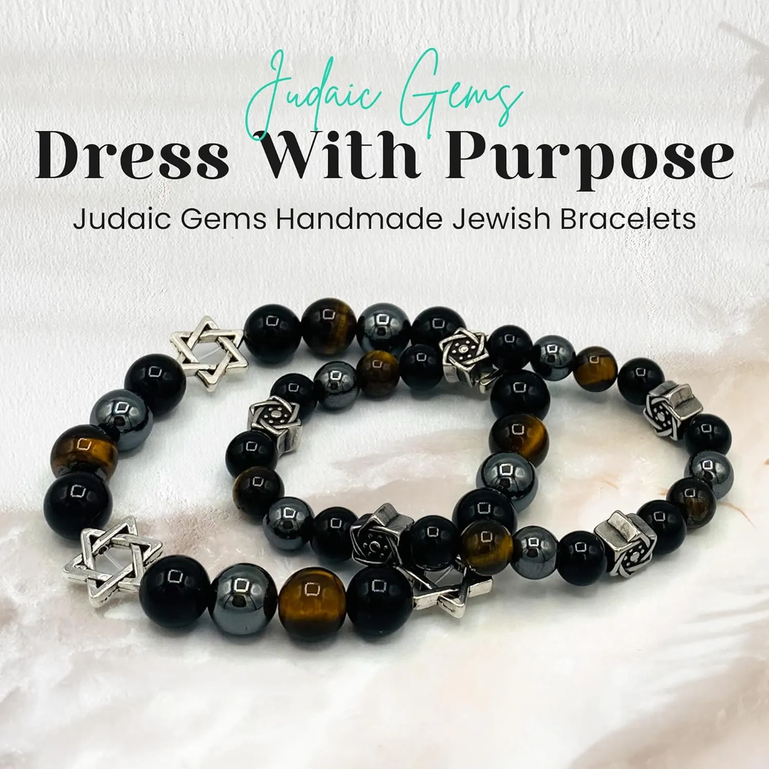 Jewish Bracelet for Women & Men - Abraham Onyx, Hematite, Tiger Eye, & Star of David - Black Onyx for Judaica Gifts - Judaic Gems Jewish Jewelry