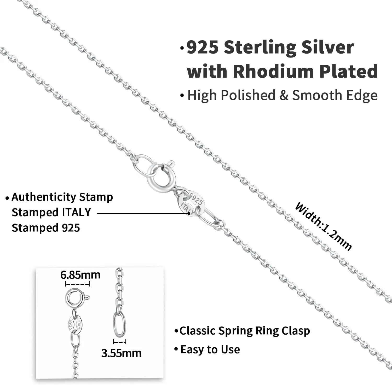 Jewlpire Italian Real 925 Sterling Silver Chain Necklace for Women, 1.2mm Cable Chain Sturdy & Shiny Women's Chains Necklaces 16 18 20 22 24 Inch