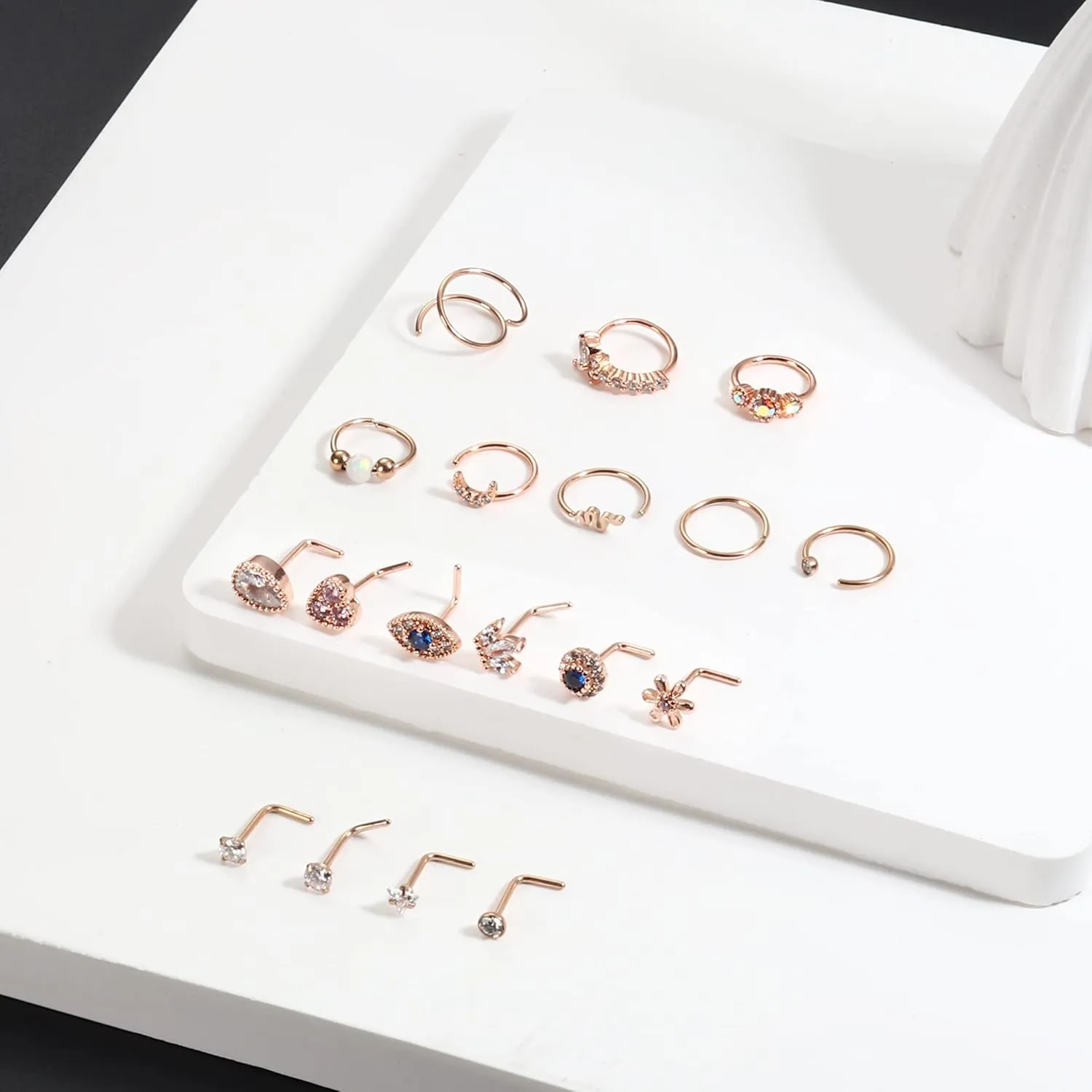 JOERICA 18 Pcs 20G Nose Rings Studs 316L Stainless Steel Nose Rings Hoop for Women Cute Evil Eye Heart Butterfly Opal CZ Nose Piercing Jewelry L Shaped Nose Ring Stud Set