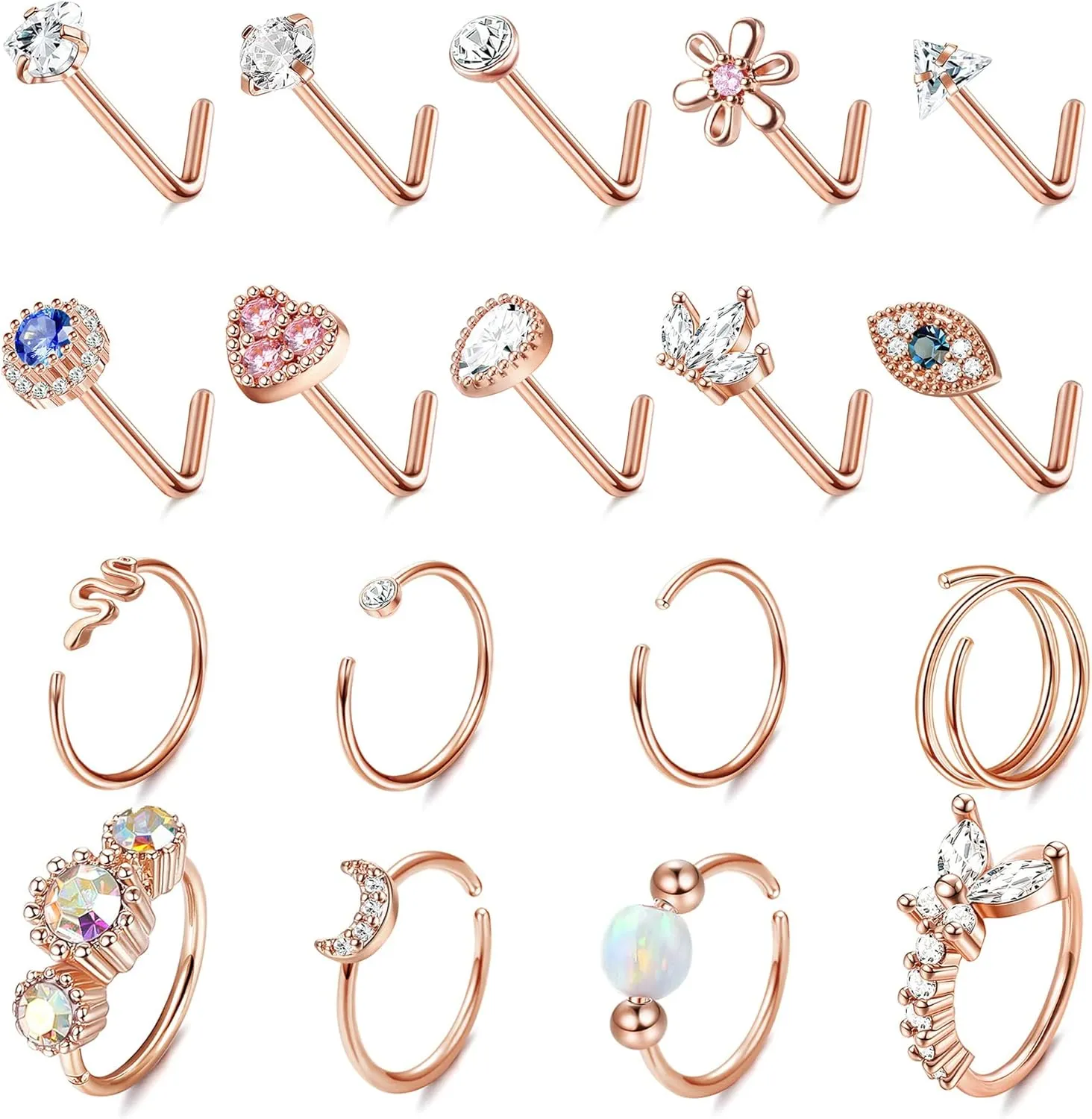 JOERICA 18 Pcs 20G Nose Rings Studs 316L Stainless Steel Nose Rings Hoop for Women Cute Evil Eye Heart Butterfly Opal CZ Nose Piercing Jewelry L Shaped Nose Ring Stud Set