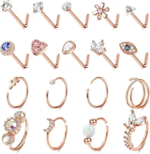 JOERICA 18 Pcs 20G Nose Rings Studs 316L Stainless Steel Nose Rings Hoop for Women Cute Evil Eye Heart Butterfly Opal CZ Nose Piercing Jewelry L Shaped Nose Ring Stud Set