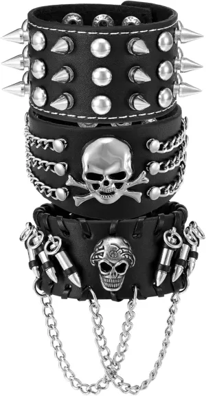 JOVIVI 3pcs Spike Studded Rivets Punk Rock Biker Wide Strap Genuine Leather Bracelets Necklace Chain Wristband Adjustable