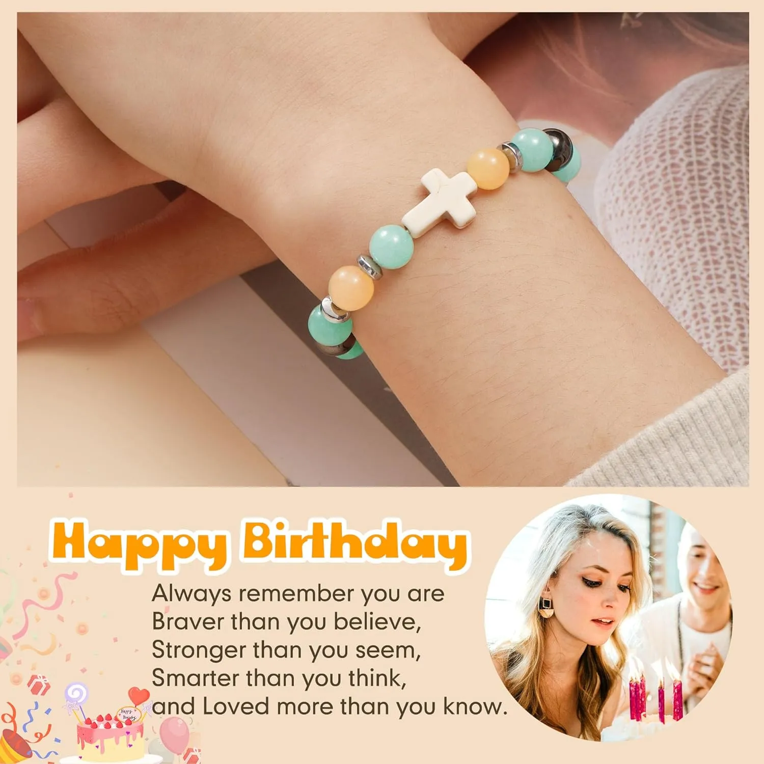 JSJOY Nature Stone Bracelet Birthday Gifts for Women Girls, Birthday Cross Bracelet Gifts for Age 6 to 80 Year Daughter Granddaughter Niece Mom Sister Christian Easter Gifts