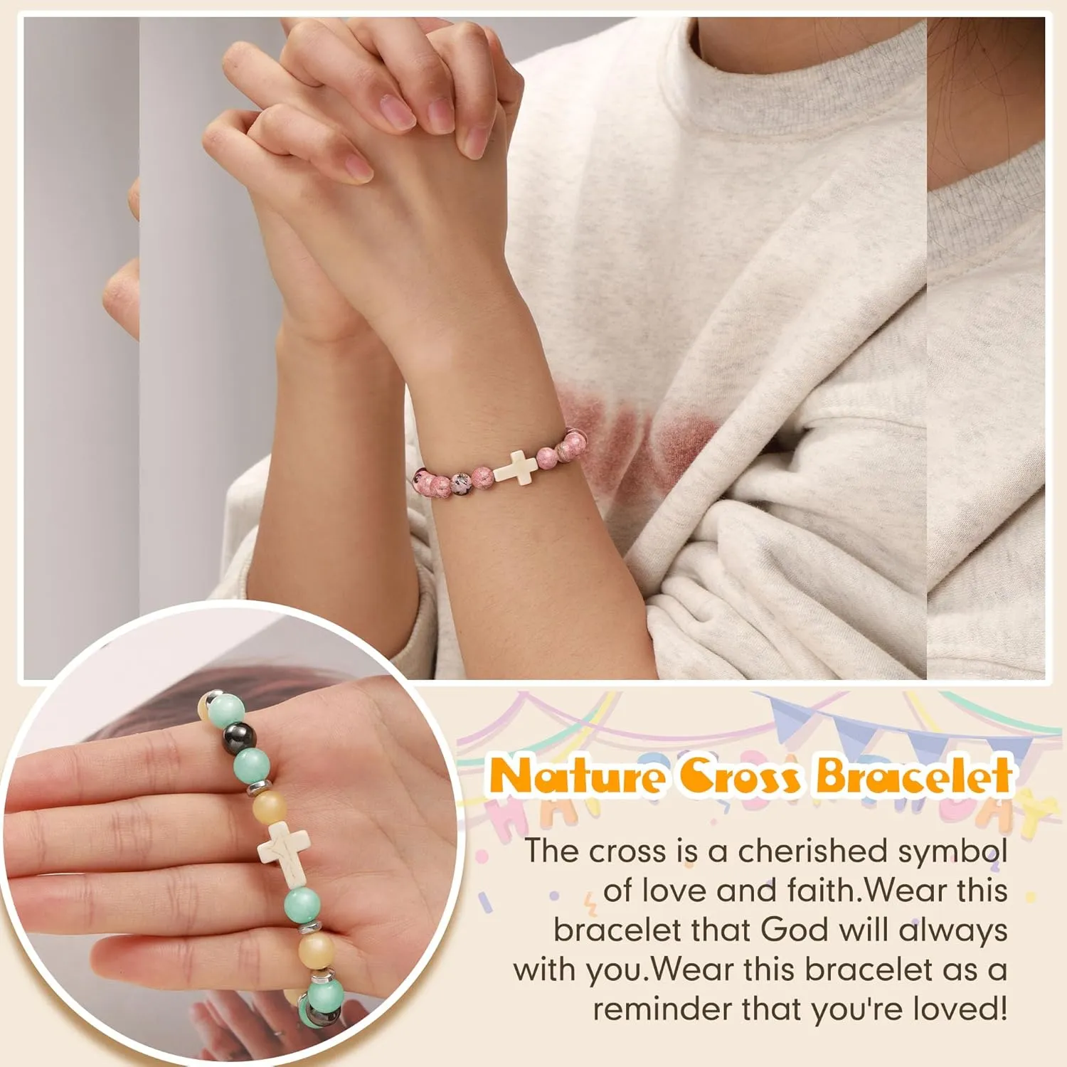 JSJOY Nature Stone Bracelet Birthday Gifts for Women Girls, Birthday Cross Bracelet Gifts for Age 6 to 80 Year Daughter Granddaughter Niece Mom Sister Christian Easter Gifts