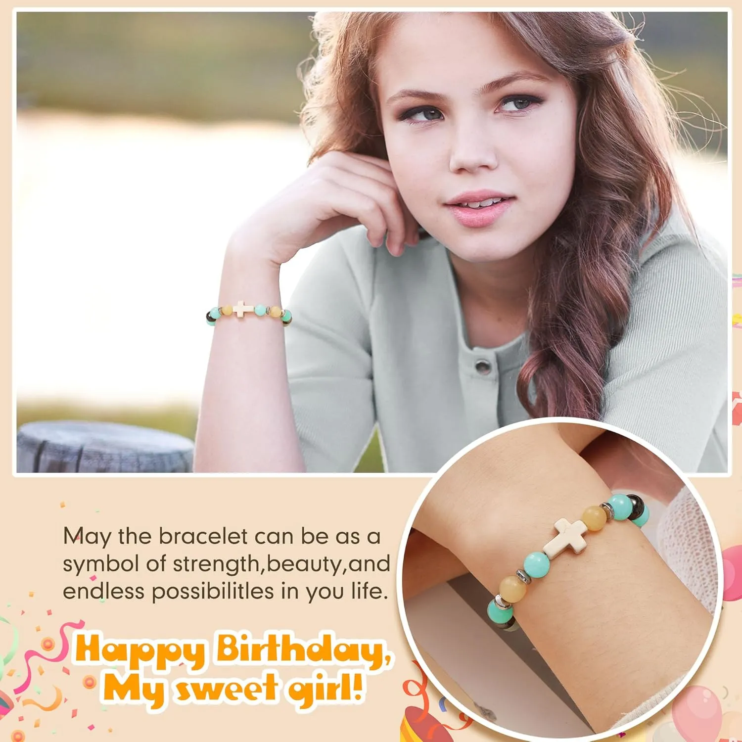 JSJOY Nature Stone Bracelet Birthday Gifts for Women Girls, Birthday Cross Bracelet Gifts for Age 6 to 80 Year Daughter Granddaughter Niece Mom Sister Christian Easter Gifts