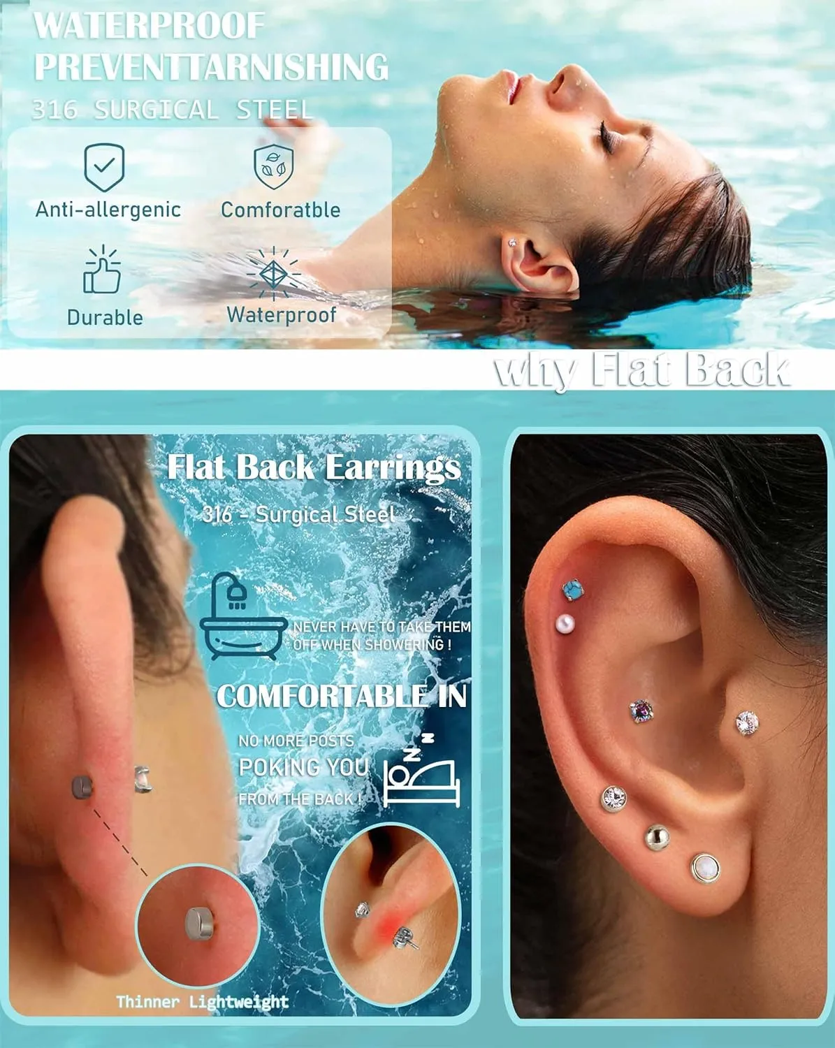 Jstyle 20G Push-in Threadless Flat Back Earrings for Women Mens Surgical Steel Stud Earrings for Sensitive Ears, 14K Gold Plated Pearl Opal Ball Heart CZ Cartilage Earring Sets Hypoallergenic