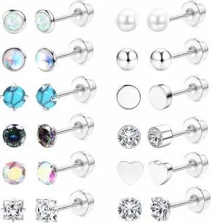 Jstyle 20G Push-in Threadless Flat Back Earrings for Women Mens Surgical Steel Stud Earrings for Sensitive Ears, 14K Gold Plated Pearl Opal Ball Heart CZ Cartilage Earring Sets Hypoallergenic