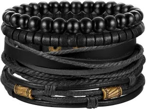 Jstyle 4Pcs Braided Leather Bracelet for Women Mens Cuff Bead Bracelet Set Adjustable Black And Brown