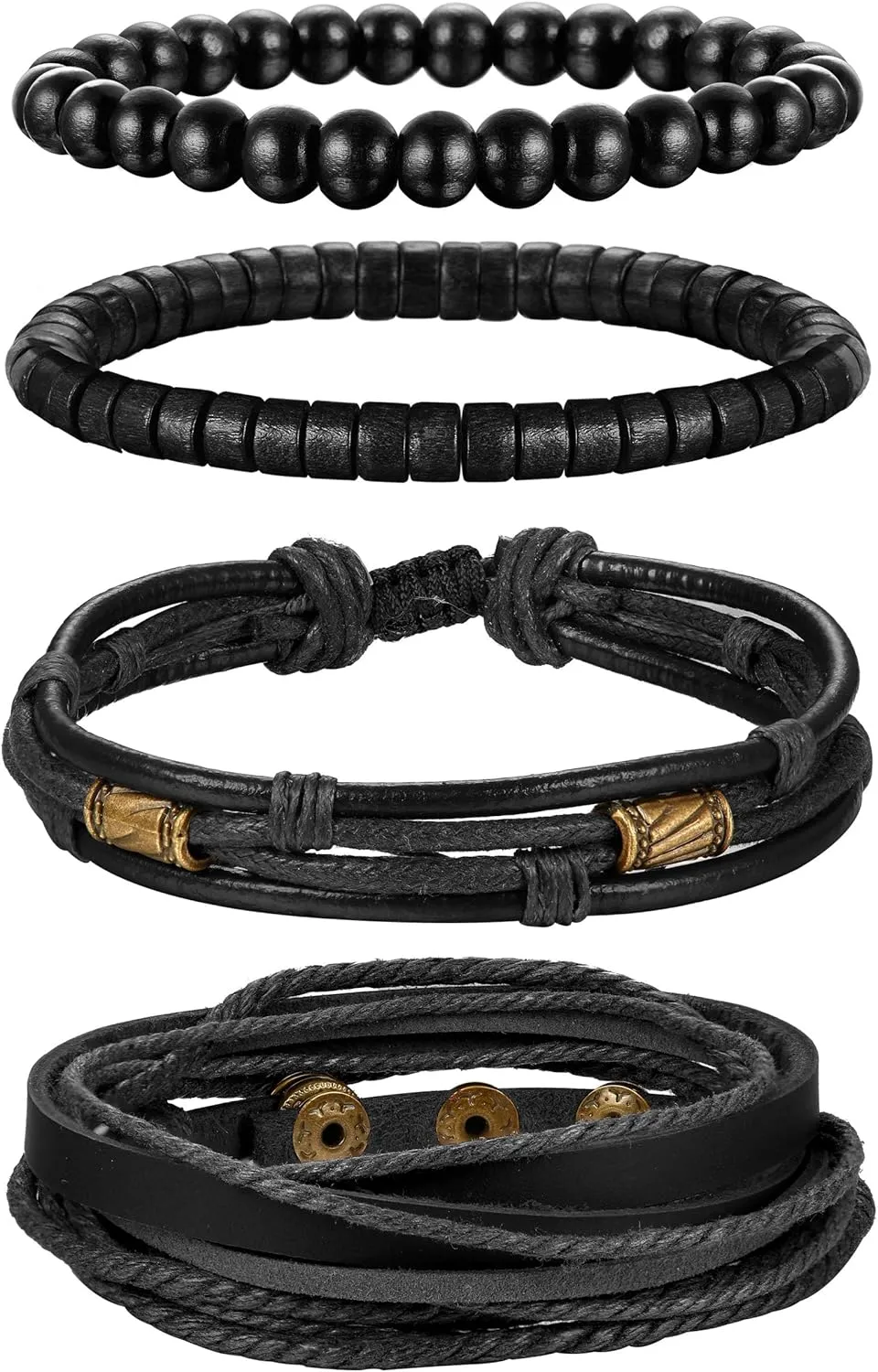 Jstyle 4Pcs Braided Leather Bracelet for Women Mens Cuff Bead Bracelet Set Adjustable Black And Brown