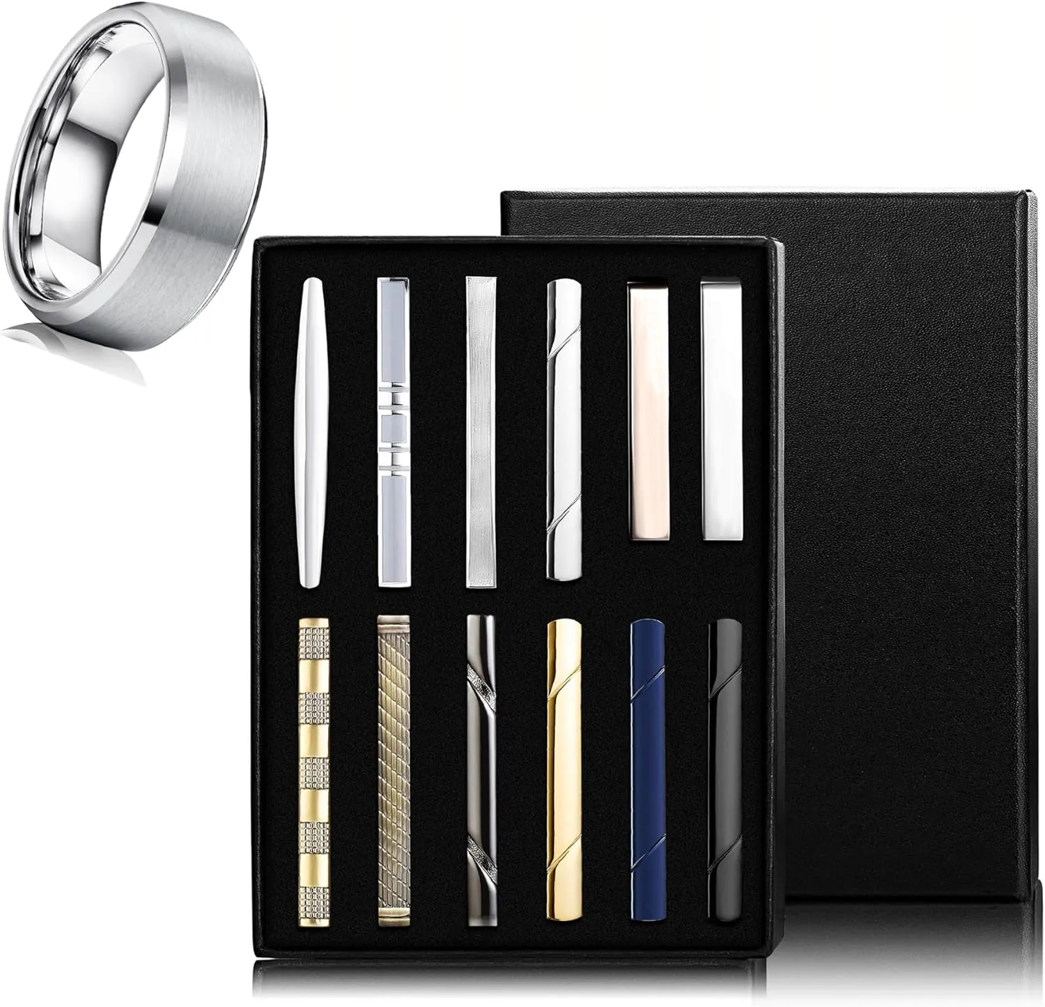 Jstyle Men's Ring and Tie Clips Set Silver Size 12.5 Band Rings & Men Clip Set for Regular Ties Necktie Wedding Business