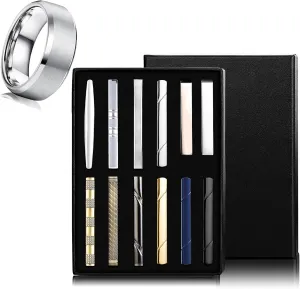 Jstyle Men's Ring and Tie Clips Set Silver Size 12.5 Band Rings & Men Clip Set for Regular Ties Necktie Wedding Business