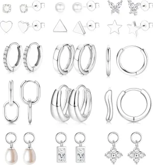 Jstyle Small Gold Hoops Earrings for Women 14K Gold Plated Huggie Hoop Earrings Lightweight Hypoallergenic Stud Earrings Set with Cubic Zirconia Pearl Charm Set-Earrings Stacks for Women No Tarnish