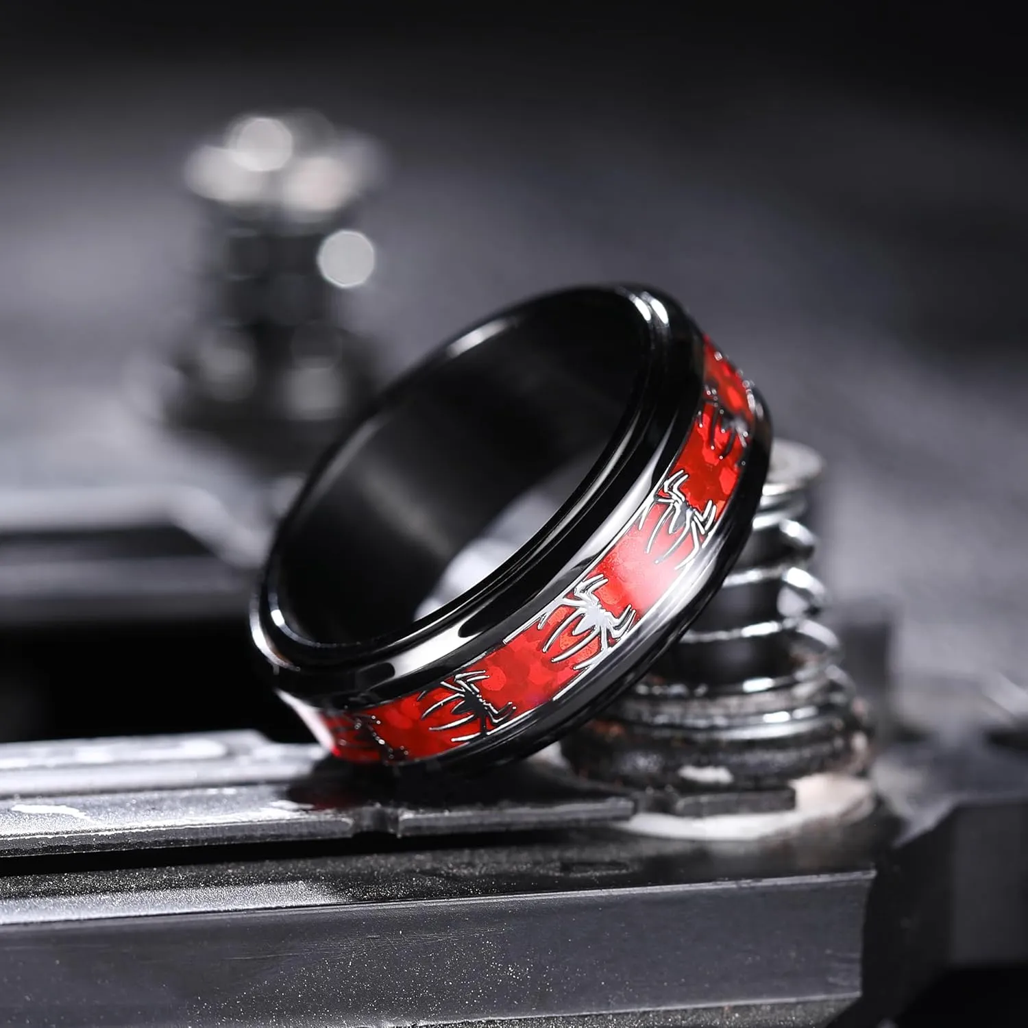 King Will Spinner Ring for Men Red Skull Rings Black Plated Stainless Steel Wedding Ring 8mm Width Mens Jewelry Size 7-14