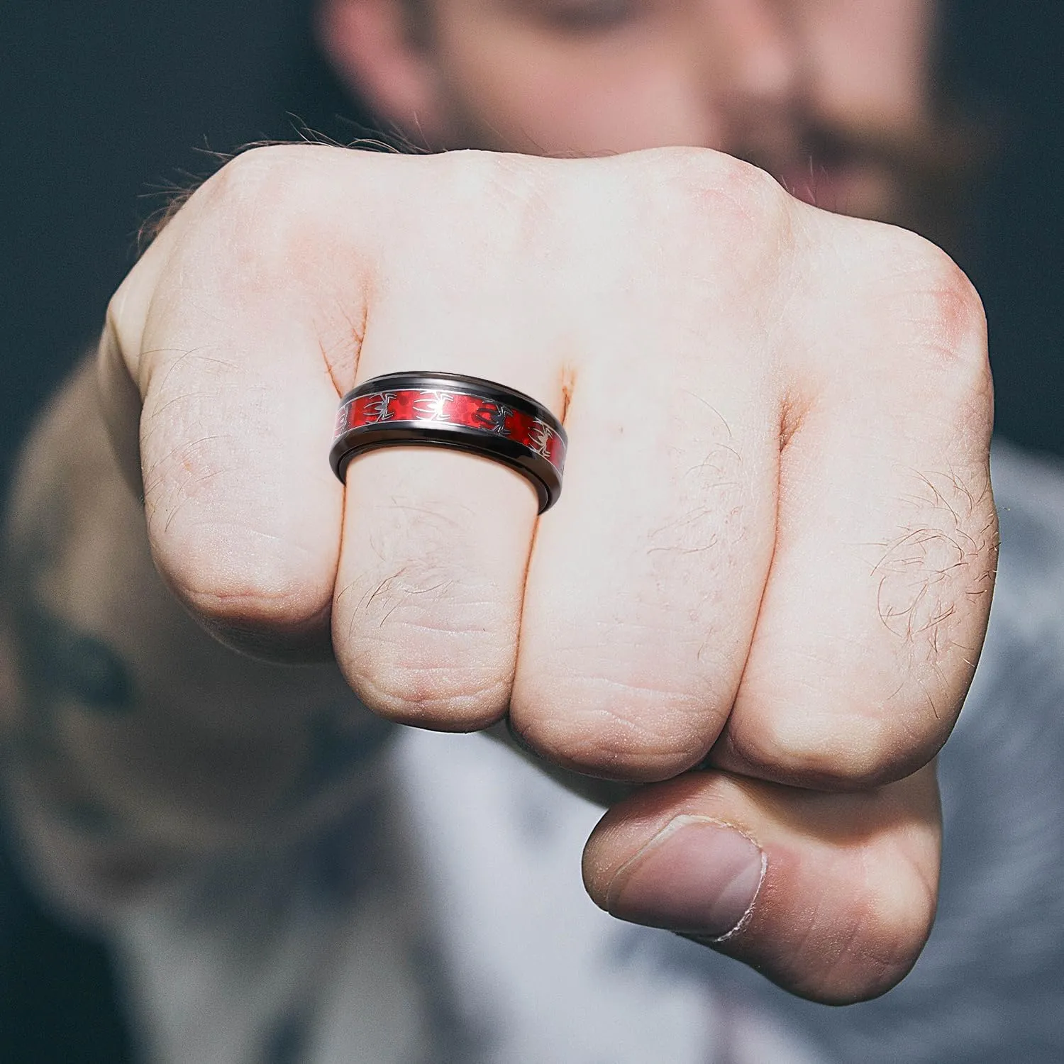 King Will Spinner Ring for Men Red Skull Rings Black Plated Stainless Steel Wedding Ring 8mm Width Mens Jewelry Size 7-14