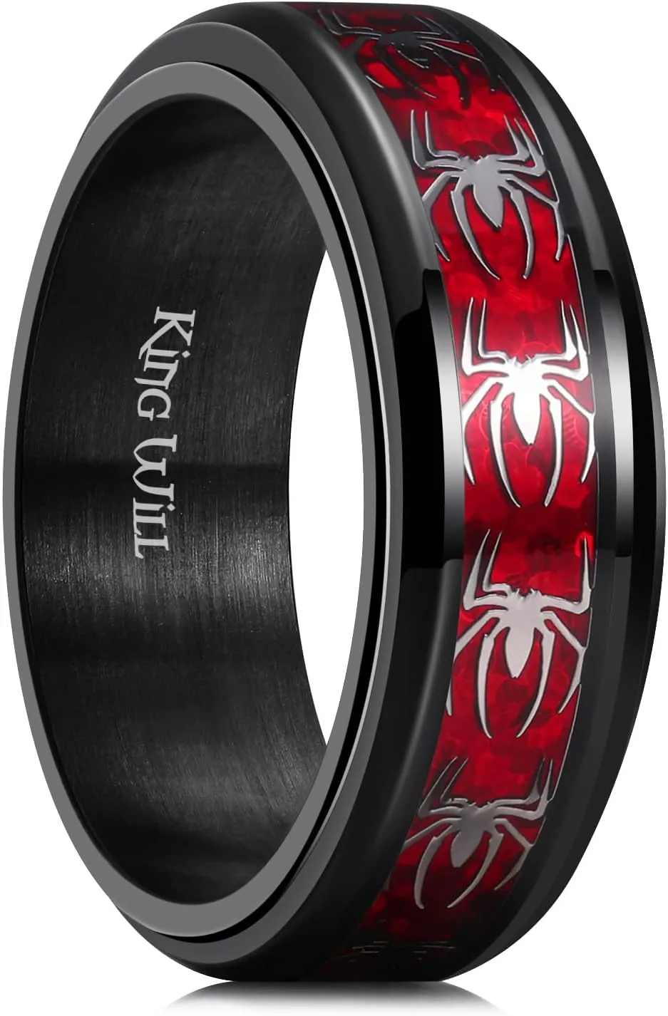 King Will Spinner Ring for Men Red Skull Rings Black Plated Stainless Steel Wedding Ring 8mm Width Mens Jewelry Size 7-14