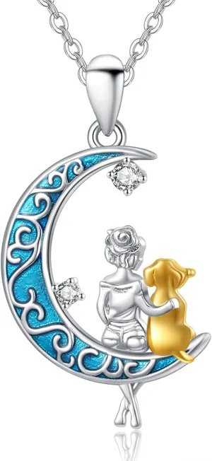 KINGWHYTE Cat/Dog Necklace for Women 925 Sterling Silver Moon Pendant Necklaces Animal Jewelry Gifts for Cat/Dog Lovers Mother's Day Gift for Mom