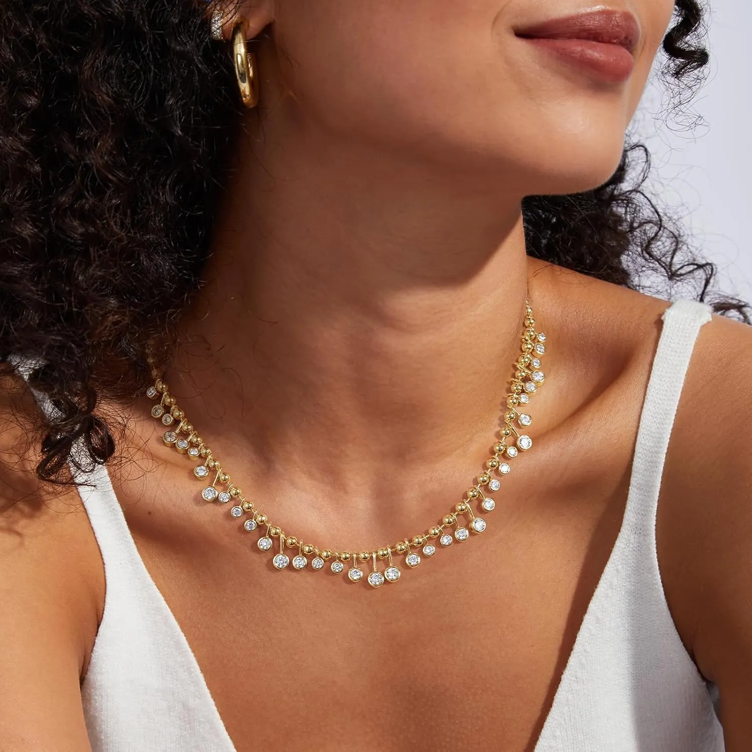 KissYan Colorful Charm Necklace for Women, 14K Gold Plated Beaded Choker Rainbow Cubic Zirconia Necklaces Dainty Summer Jewelry Gift