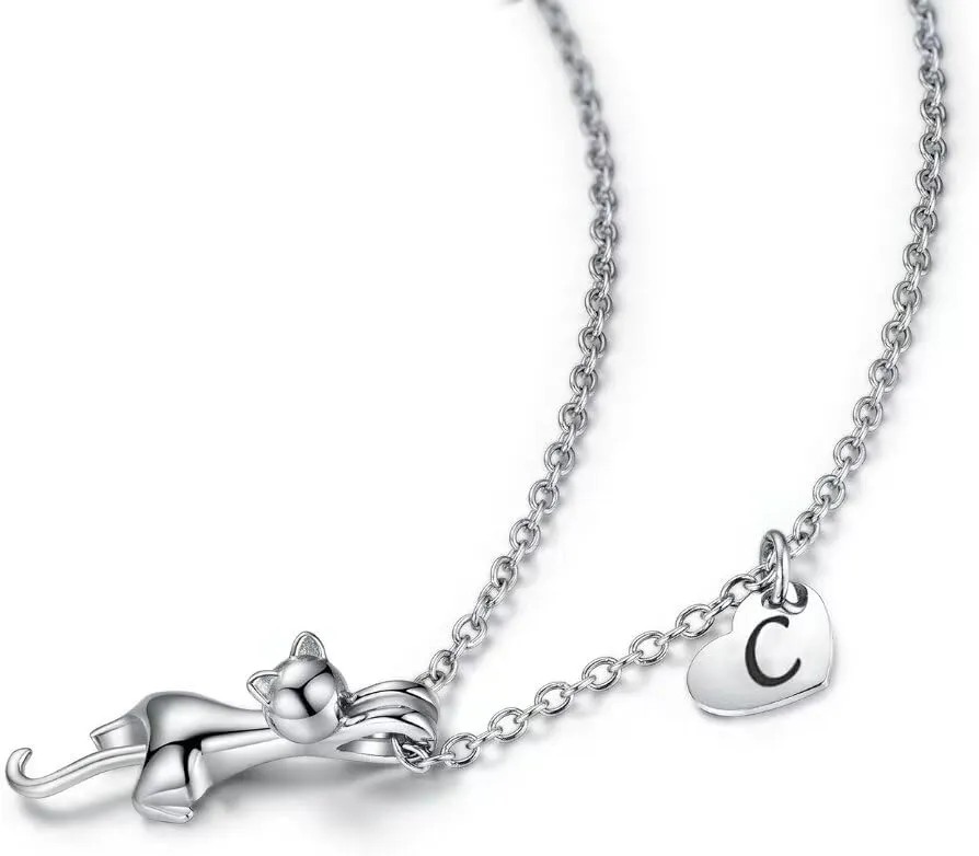 Kitty Cat Necklace for Women | Heart Initial Letter Necklace | Stainless Steel Pendant Jewelry Gifts for Pet Cat Lover Daughter Girls