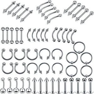 Kokoma 60 Pcs Body Piercing Kit Jewelry 16G Nose Rings Lip Studs Tongue Rings Stainless Steel Cartilage Earrings Tragus Eyebrow Industrial Barbell Belly Rings Body Piercing Jewelry Lot