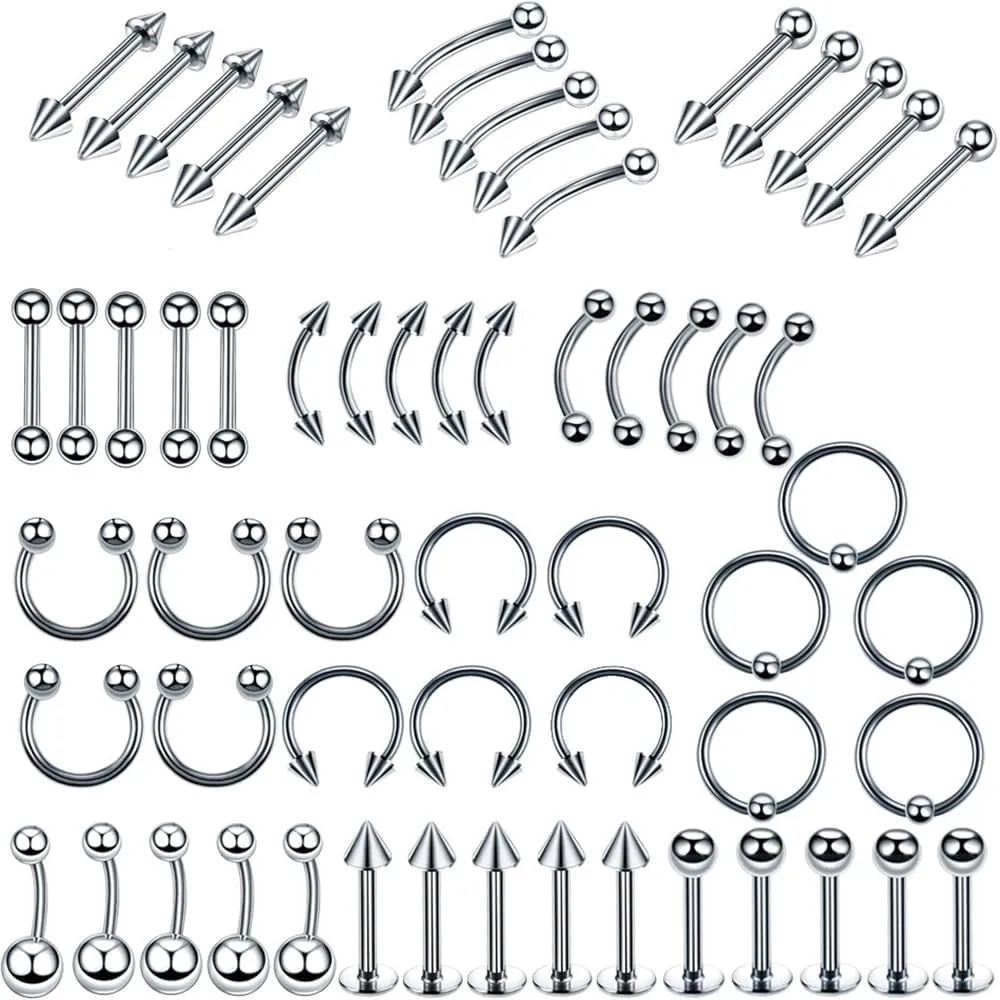 Kokoma 60 Pcs Body Piercing Kit Jewelry 16G Nose Rings Lip Studs Tongue Rings Stainless Steel Cartilage Earrings Tragus Eyebrow Industrial Barbell Belly Rings Body Piercing Jewelry Lot