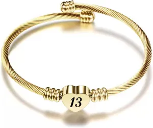 KunBead 13 16 18 21 30 40 50 60 70 Heart Expandable Birthday Gold Tone Bracelets for Women Lucky Number Age Bangle Cuff Stainless Steel Bracelet