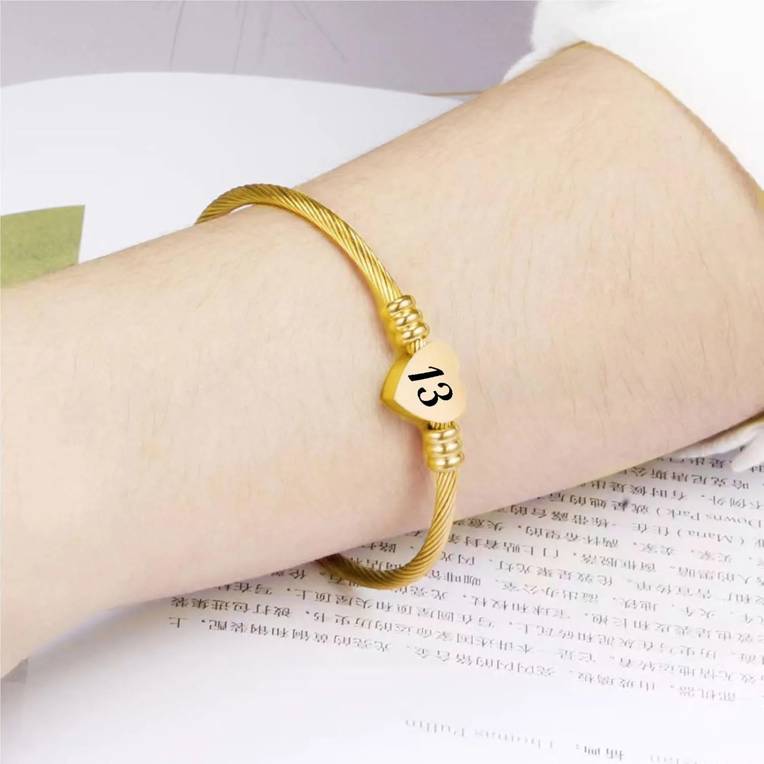 KunBead 13 16 18 21 30 40 50 60 70 Heart Expandable Birthday Gold Tone Bracelets for Women Lucky Number Age Bangle Cuff Stainless Steel Bracelet