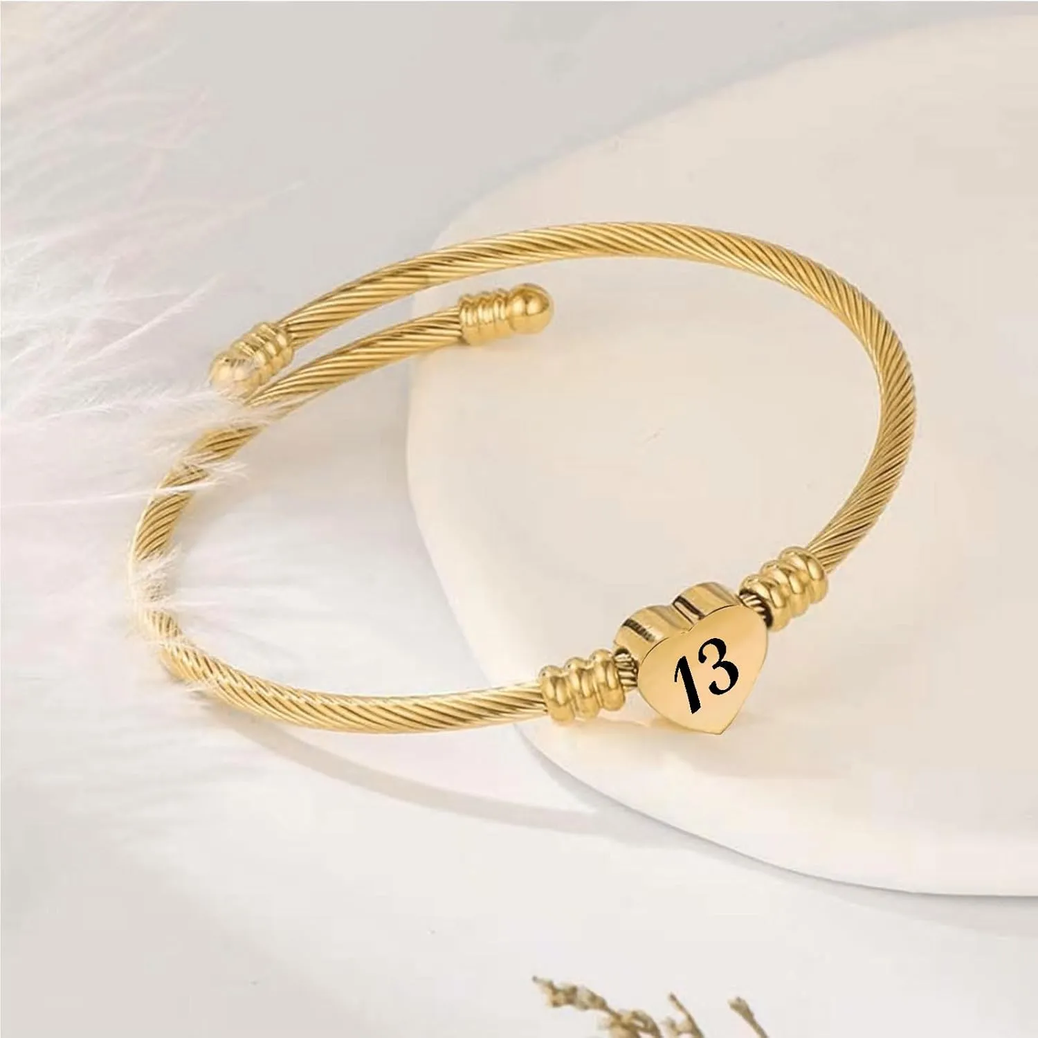 KunBead 13 16 18 21 30 40 50 60 70 Heart Expandable Birthday Gold Tone Bracelets for Women Lucky Number Age Bangle Cuff Stainless Steel Bracelet