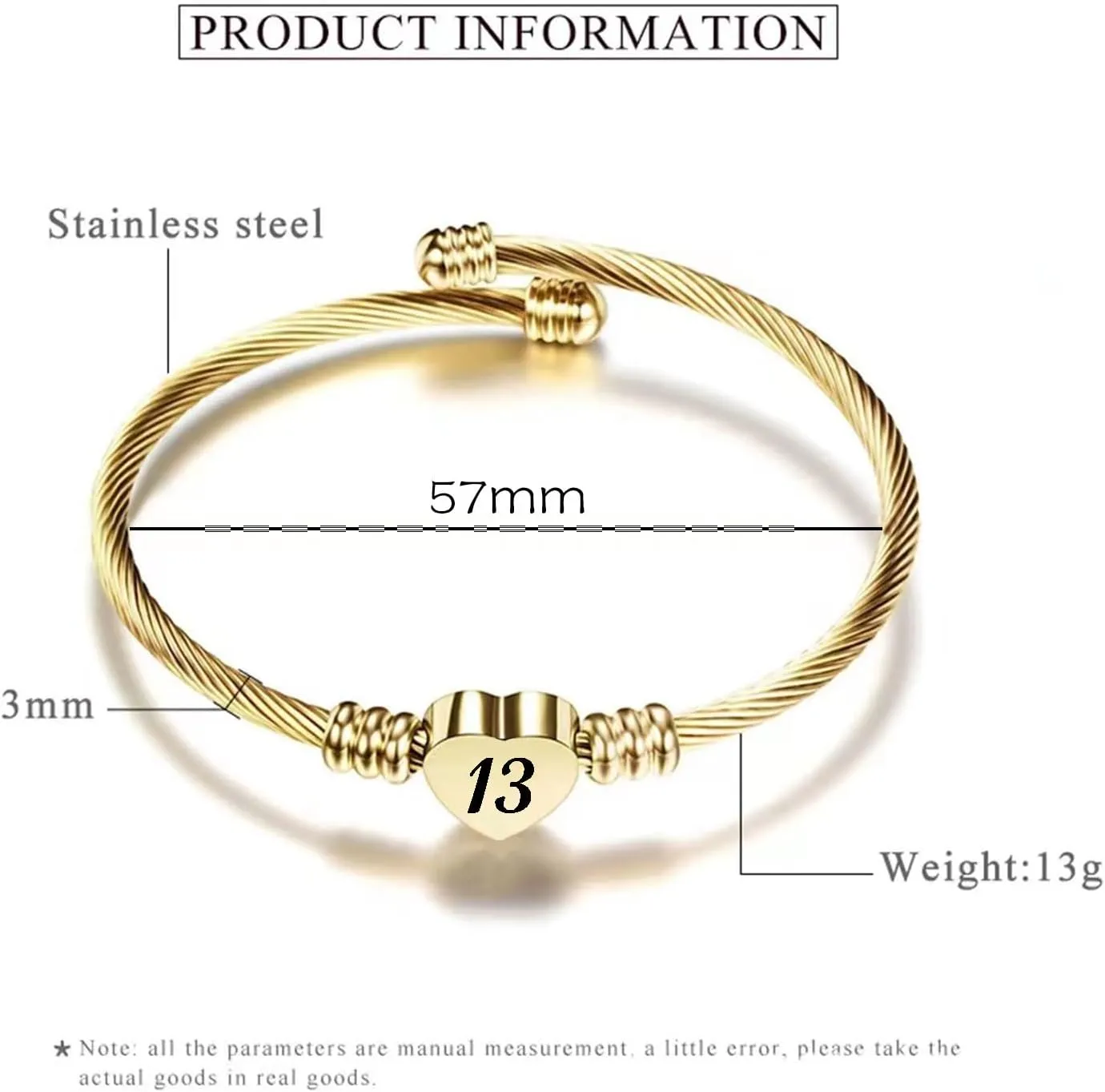 KunBead 13 16 18 21 30 40 50 60 70 Heart Expandable Birthday Gold Tone Bracelets for Women Lucky Number Age Bangle Cuff Stainless Steel Bracelet