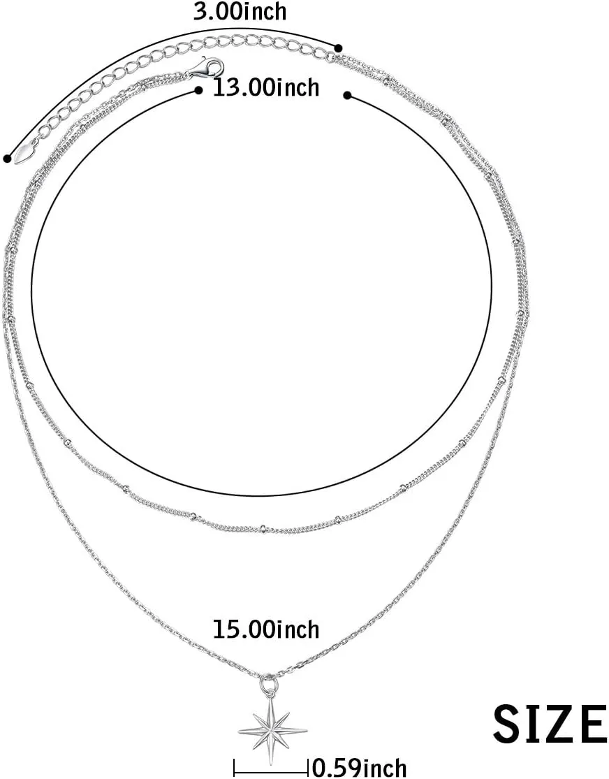Layered Choker Necklace S925 Sterling Silver Star Full Moon Daisy Flower Pendant Disc Jewelry Adjustable Clavicle Necklaces for Women Girls Birthday Gifts