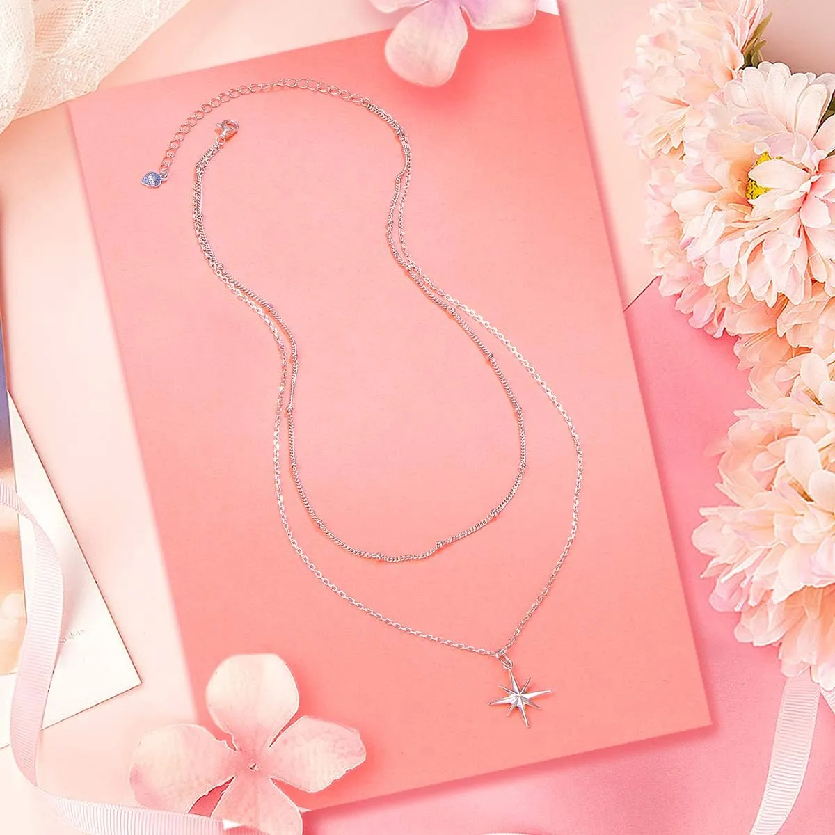 Layered Choker Necklace S925 Sterling Silver Star Full Moon Daisy Flower Pendant Disc Jewelry Adjustable Clavicle Necklaces for Women Girls Birthday Gifts