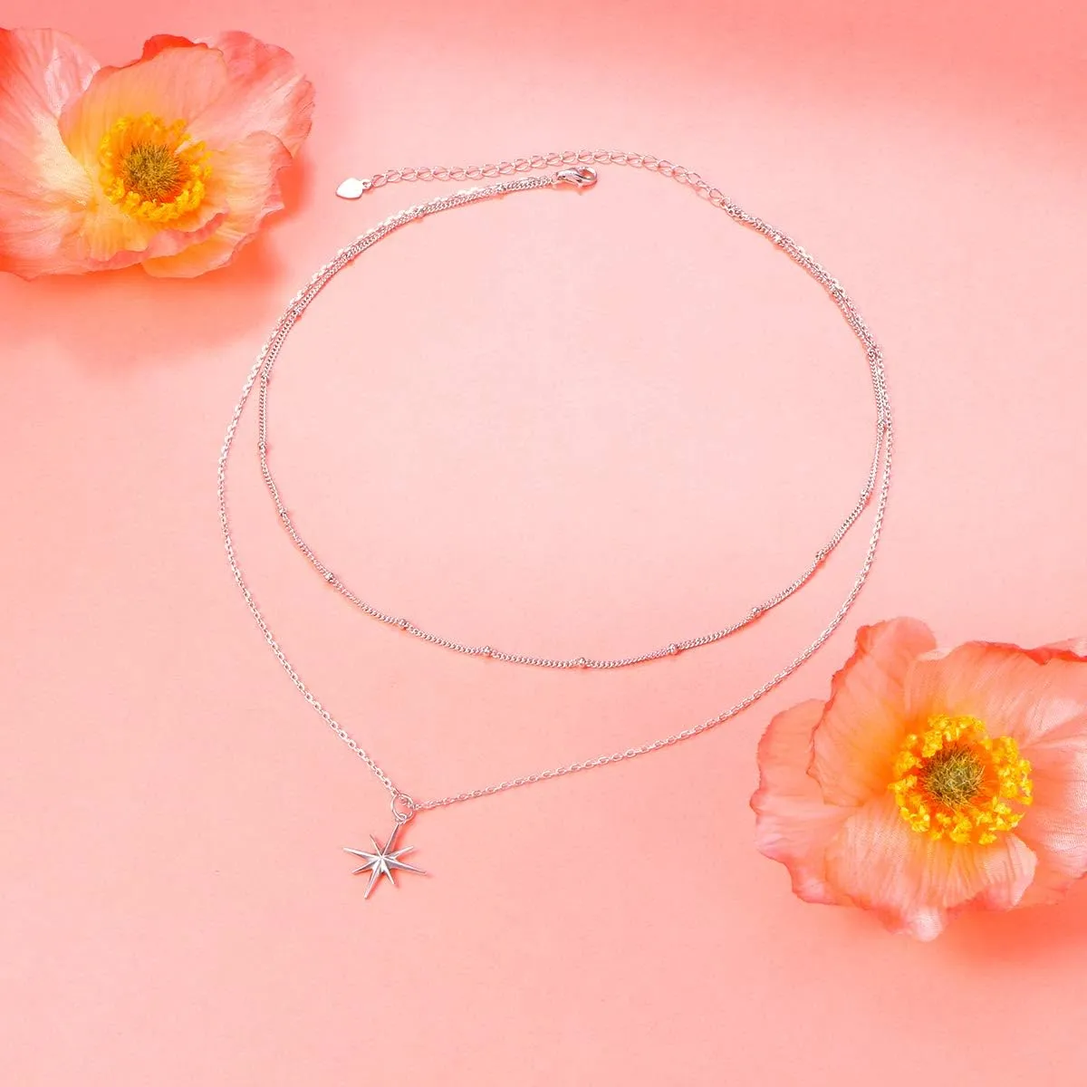 Layered Choker Necklace S925 Sterling Silver Star Full Moon Daisy Flower Pendant Disc Jewelry Adjustable Clavicle Necklaces for Women Girls Birthday Gifts
